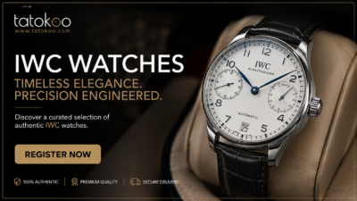 Do you have similar IWC watch to sell? create call for action"Register Now" banner for tatokoo.com. use real Iwc watch photo