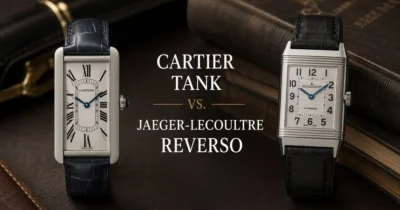 Cartier Tank and Jaeger-LeCoultre Reverso side-by-side comparison showcasing two iconic rectangular luxury watches competing in a battle of design, heritage, and timeless elegance.