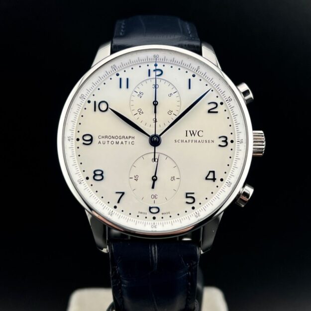 cropped-1-1-1.jpg IWC Chronograph Portuguese Silver Dial Blue hands Leather Strap 2013 Full Set - Image 1