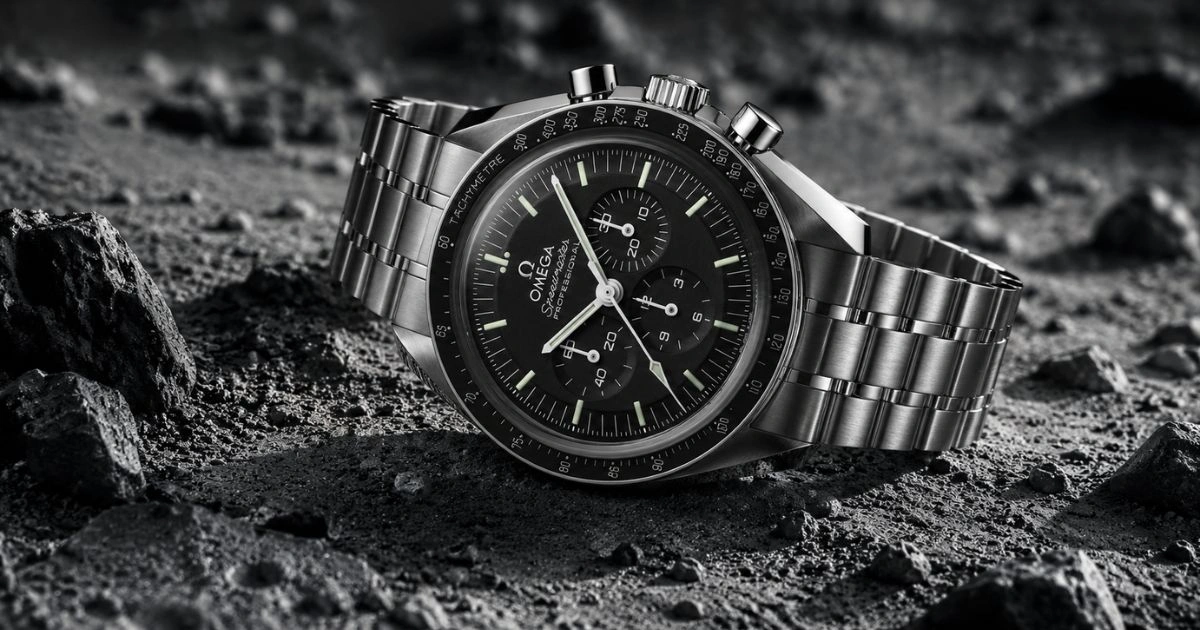 Omega Speedmaster Moonwatch showcasing the iconic chronograph that became the first watch worn on the Moon, with its legendary NASA heritage and space exploration history.