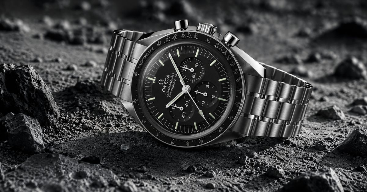 Omega Speedmaster Moonwatch showcasing the iconic chronograph that became the first watch worn on the Moon, with its legendary NASA heritage and space exploration history.