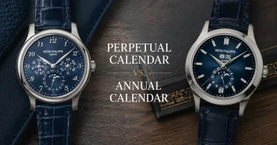 Perpetual Calendar and Annual Calendar luxury watches side-by-side comparison showing the differences between these sophisticated calendar complications and their date-tracking functions.